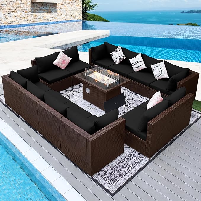 NICESOUL 13 Piece Patio Furniture w/Fireplace, Elegant Outdoor Seating w/Firepit, XL 29.3'' High Back Sectional Sofa, All-Weather Rattan Deck Couch, Modular Sturdy Conversation Set, Brown & Black