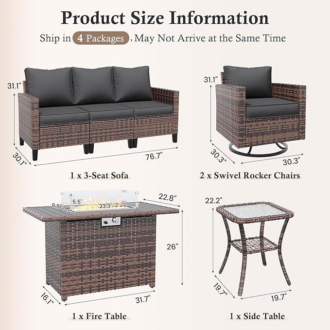 Amopatio Patio Furniture Set, 5-Piece Wicker Outdoor Sectional Sofa with Swivel Rocker Chairs, All-Weather Rattan Conversation Set with Fire Pit Table and Waterproof Cover for Backyard Brown/Grey