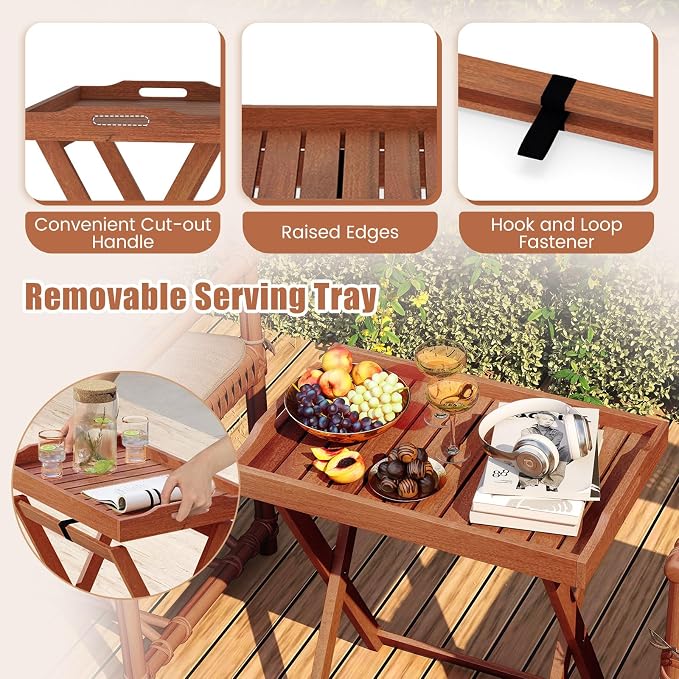 HAPPYGRILL Outdoor Wood Tray Table Folding Patio Side Table with Removable Top, Portable Bistro Table for Garden Backyard Balcony Poolside (2)