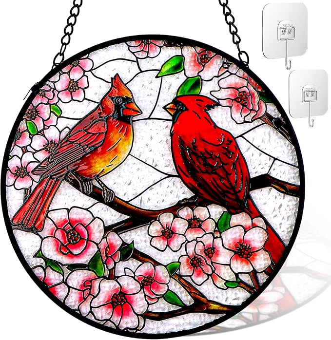 Remiawy Cardinal Stained Glass Window Hanging, 12 Inch Sun Catcher Glass Panel with Metal Chain and Hooks Suncatcher Indoor Window Wall Art Home Decor Gift for Bird Lovers Women Mother's Day Christmas