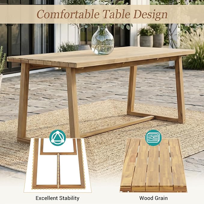 Merax 7-Piece Patio Dining Set, Acacia Wood Rectangular Dining Table and Chairs Set with Cushions, Outdoor Furniture Set for Backyard, Garden, Poolside,Light Teak