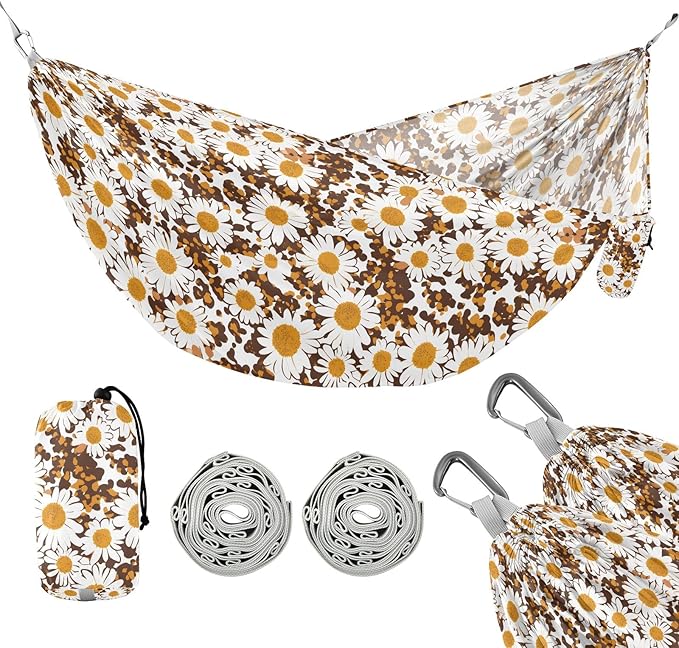 Camping Hammock Outdoor Hammocks for Outside White Daisy Flower Leopard Beach Trees Portable Lightweight with Pockets Tree Straps Indoor