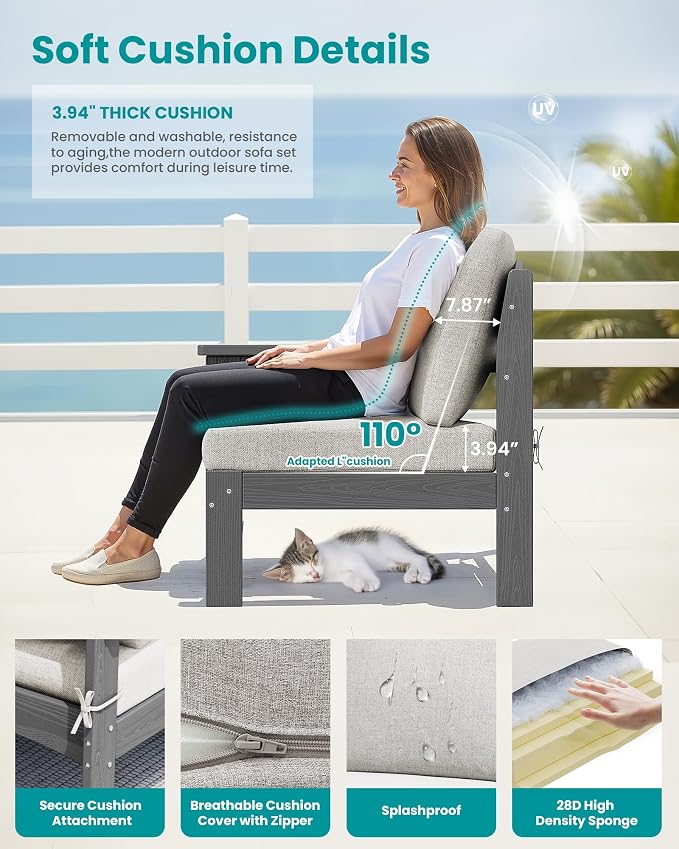 SERWALL 5-Piece Patio Sofas, All-Weather HDPE Outdoor Sectional Sofa with Cushions and Coffee Table, Large Modular Patio Conversation Set for Garden, Lawn, Deck, Porch, Grey Frame with Khaki Cushion