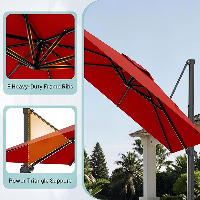 AreShark 10 × 10FT Square Cantilever Patio Umbrella with Base Included, 360° Rotation Offset Outdoor Umbrella, 5 Tilt Settings Heavy Duty Hanging Parasol for Deck Garden Pool, Red