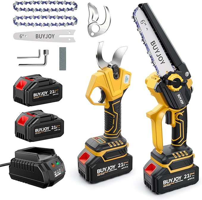 BUYJOY 2-in-1 Mini Chainsaw & Electric Pruning Shears, 1.8" Cutting Capacity, 8 Inch Cordless Chainsaw with 2 x 4.0Ah Batteries, Battery Powered Branch Cutter for Tree Trimming and Garden Pruning