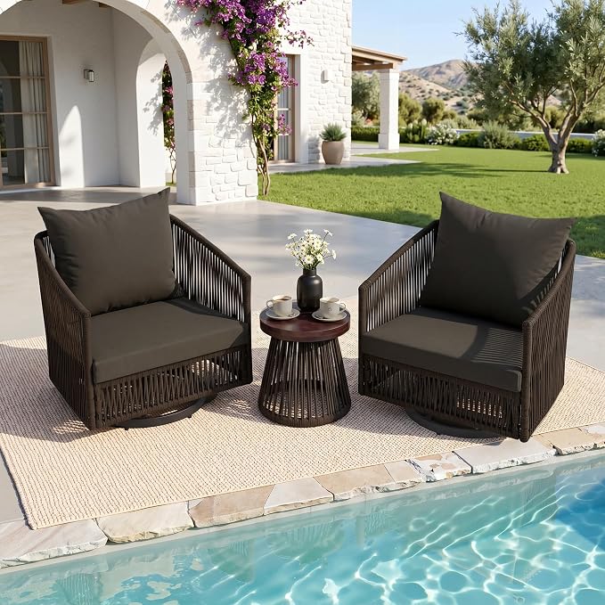 Outdoor Patio Furniture Set, 3 Pieces Outdoor Swivel Chairs with Coffee Table and Thick Cushion, Pe Wicker Rope Furniture Set for Entertaining, Balcony, Garden, Poolside, Coffee