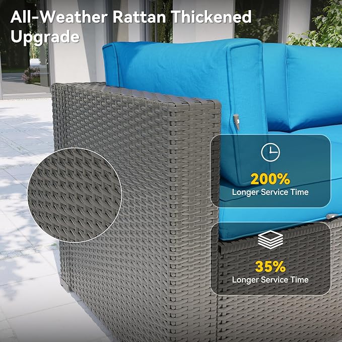 Aoxun Patio Furniture Set with Umbrella, 8 Piece Outdoor Sectional Sofas, Wicker Rattan Outdoor Furniture with Thickened Cushion for Backyard, Garden Peacock Blue