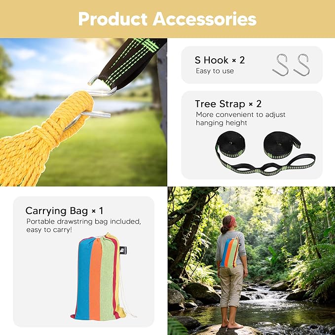 SUNCREAT Hammocks Heavy Duty Double Hammock with Spreader Bar, Carrying Bag, 475 lbs Capacity, Outdoor Hammock Swing, Rainbow