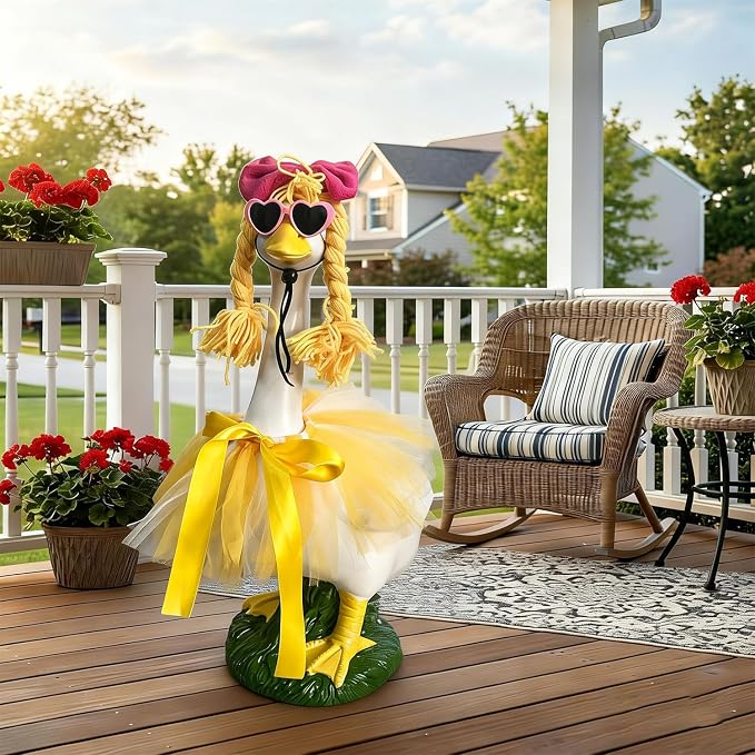 Porch Goose Garden Decor Statues - 20" Large Resin Lawn Goose Sculpture, Cute Spring Porch Goose Outfit with Braided Hair and Skirt for Outdoor Lawn Garden Decor, Funny Farmhouse Porch Decoration