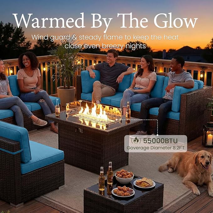 LayinSun 8 Pieces Outdoor Patio Furniture Set with 44" Fire Pit Table Rattan Sectional Sofa Conversation Sets