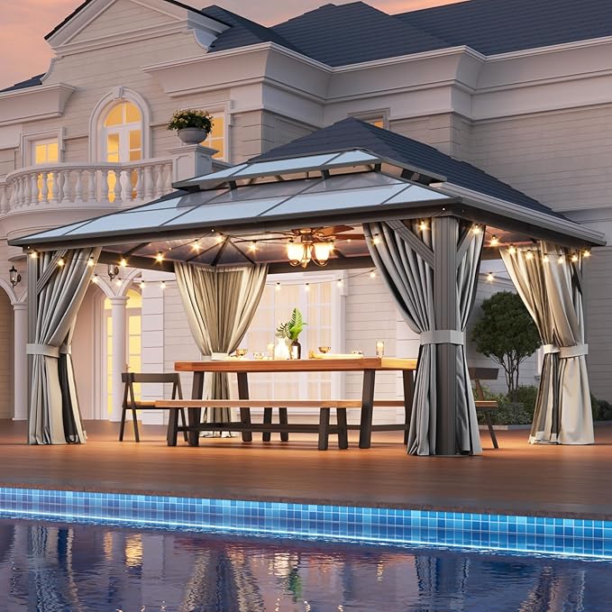 Aoxun 12'x16' Hardtop Gazebo, Outdoor Metal Gazebo with Double Polycarbonate Roof Canopy, Permanent Pavilion with Netting and Curtains for Lawn, Garden, Patio (Gray)