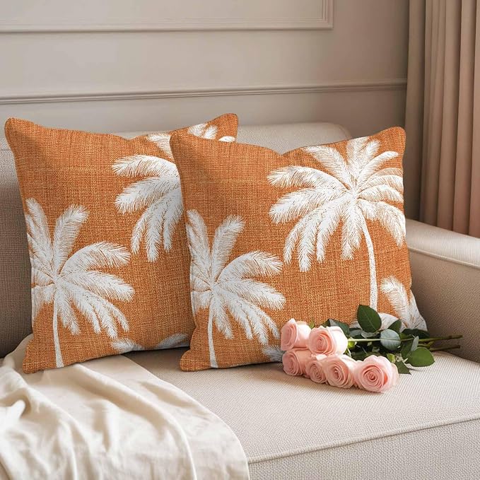 Outdoor Pillow Covers 26x26 Inch Set of 2, Burnt Orange Palm Trees Waterproof Throw Pillow Covers, Farmhouse Tropical Summer Beach Decorative Cushion Pillowcases for Couch, Sofa, Bed, Garden, Patio
