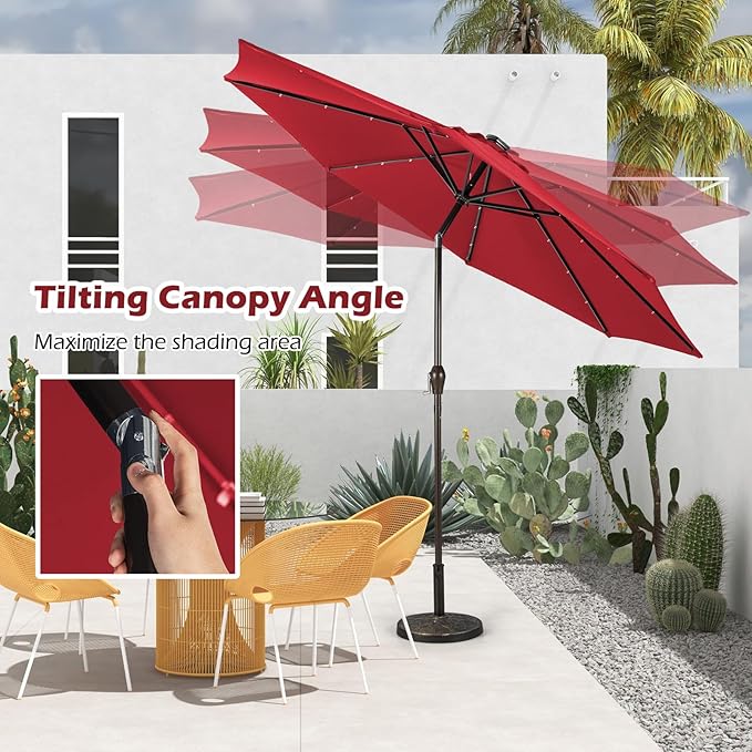 Giantex 9ft/10ft Outdoor Patio umbrella with Solar Lights, Table Market Umbrella with Crank and Push-button Tilt System, Solar LED Lighted Patio Umbrella for Backyard Deck Pool Beach