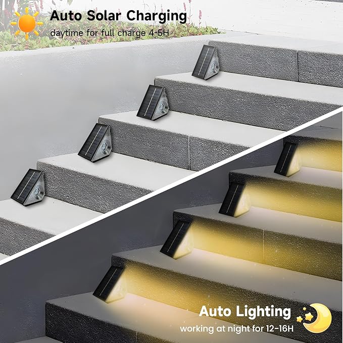 Solar Step Deck Lights Outdoor 6 Pack Solar Step Light, Waterproof Warm White/7 RGB Color Glow Solar Fence Lights for Patio Stairs Post Pathway Porch Driveway Garden Decor, BZ01