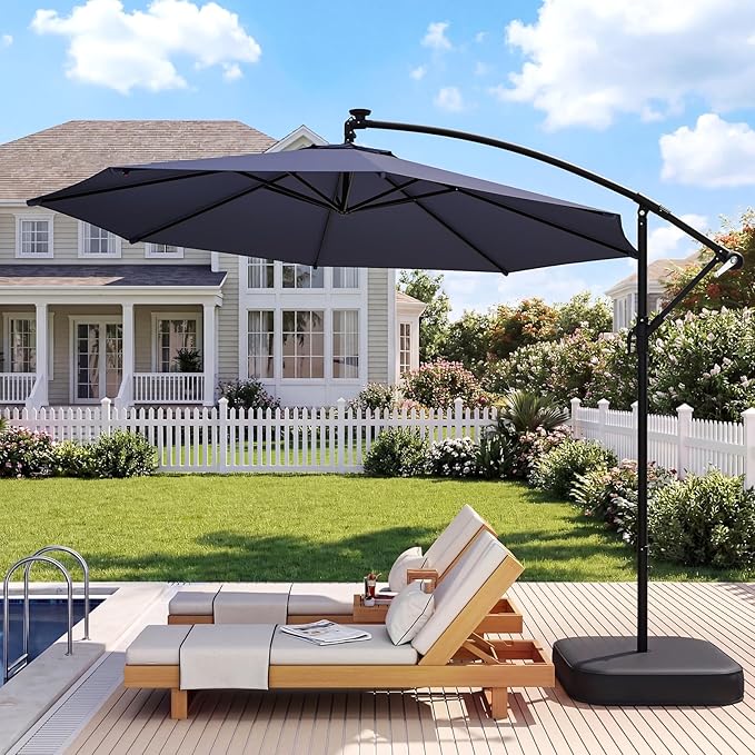 EROMMY 10FT Patio Umbrella with Base Included, Outdoor Offset Cantilever Umbrella, Infinite Tilt, Crank and Cross Base, UV Protection for Backyard, Lawn, Garden & Pool