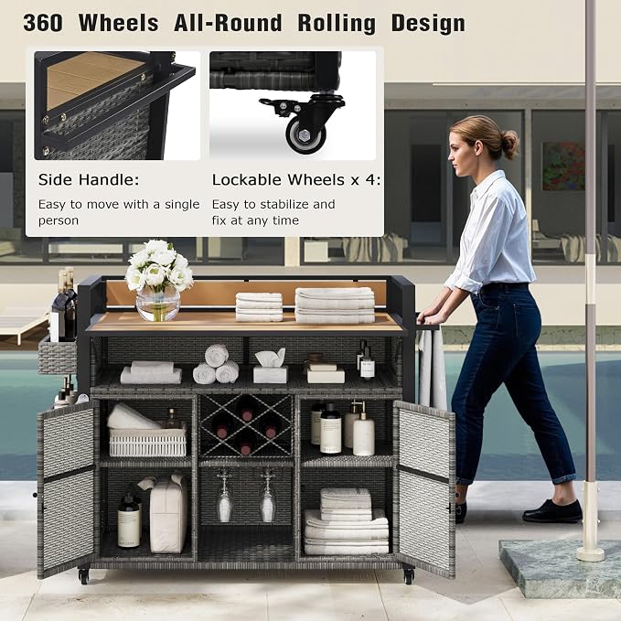 52.8" W Wicker Outdoor Grill Cart with Extended Plastic Wood Table Top, Rolling Kitchen Island on Wheels, Ample Storage, and Double Handle Design – Perfect for Patio, Backyard, and Poolside