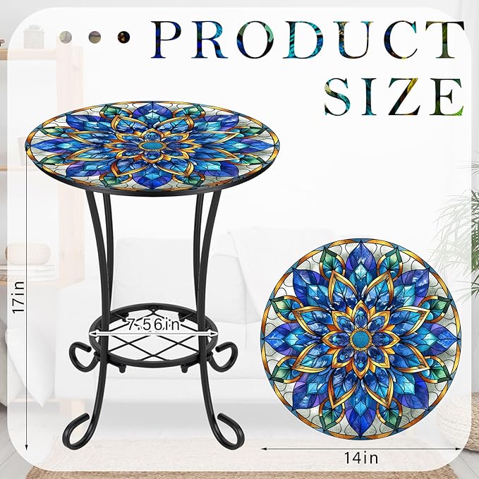 Cinnvoice Outdoor Side Table 2-Tier Round Small Mosaic Patio Accent Indoor End Plant Coffee Tea Table for Yard Patio Porch Garden Living Room, Bedroom (Mandala Style,14 Inch)
