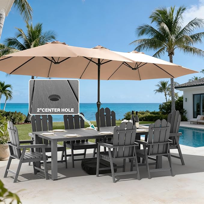 9 Piece Outdoor Table and Chairs Set for 8, Patio Dining, Gray | 89.4” table,oversize 8 seat patio dining set, durable HDPE wood-look, stable and spacious design for family gatherings