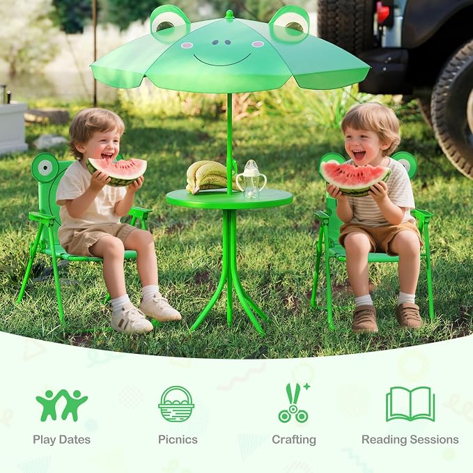 KOTEK Kids Picnic Table with Umbrella, Outdoor Table & 2 Folding Chairs, Cute Pattern Children’s Patio Furniture, Portable Kids Table and Chair Set for Backyard, Garden, Beach (Green)