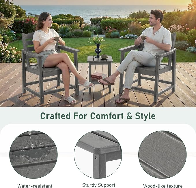 Furnimart 3-Piece Patio Bistro Set, HDPE Outdoor Chairs Set of 2 and Side Table, All-Weather Outdoor Furniture Set, Modern Conversation Sets with Coffee Table for Garden, Balcony, Porch, Grey