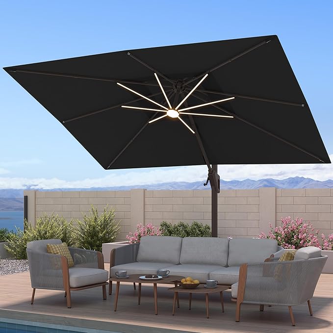 10x13 FT Patio Umbrella with LED Lights Cantilever Outdoor Large Heavy Duty Rectangle Aluminum Offset Umbrellas Double Top 360 Rotation 7 Tilt Adjustment for Pool Deck Garden, Black