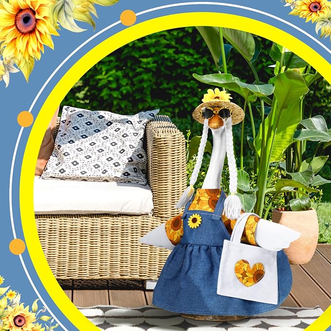 Soulchen 1 Set Summer Porch Goose Outfit 23 Inch Cement Sunflower Goose Dress Clothes and Hat Costume Set for Summer Party Yard Lawn Outdoor Garden Patio Decor