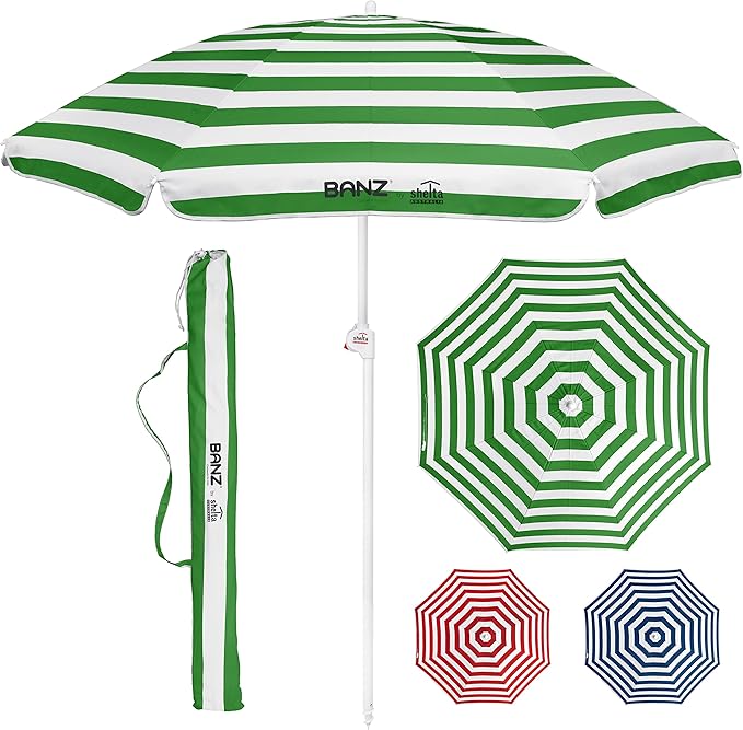 BANZ Cabana Beach Umbrella UPF 50 - UV Protection Foil-Lined Portable Outdoor Umbrella for Sand with Screw-in Base & Tilt Pole - Lightweight Beach Shade & Patio Umbrella with Bag