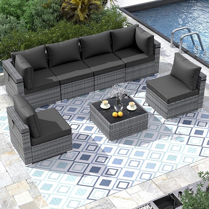 Outdoor Patio Furniture Set 7 Pieces Sectional Rattan Sofa Set, PE Wicker Patio Conversation Set with 6 Seat Cushions and 1 Tempered Glass Table and Furniture Cover, Black