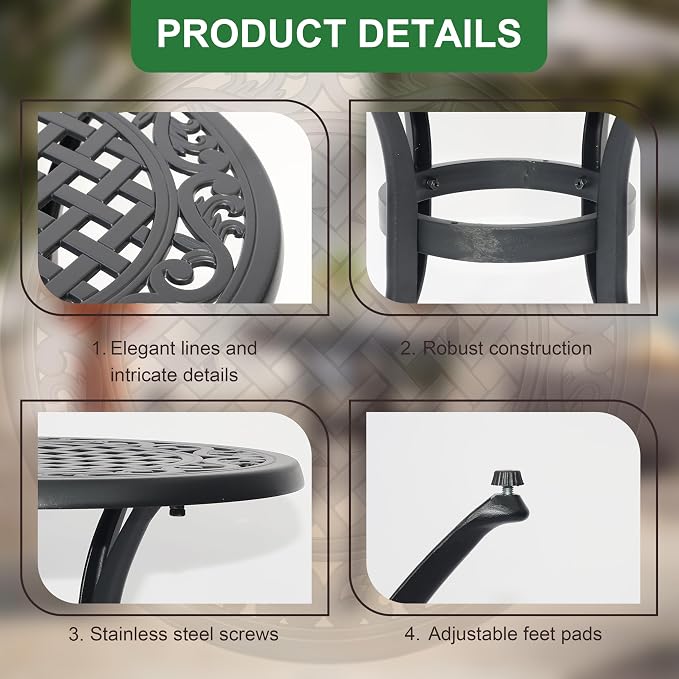 24" Cast Aluminum Side Table Outdoor End Table All Weather Patio Round Table Small Bistro Table for Garden,Balcony,Pool,Black