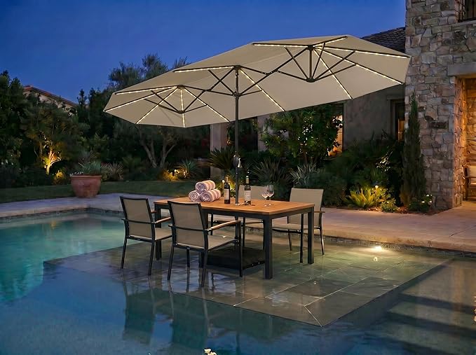 PURPLE LEAF 13ft Patio Market Umbrella with Solar LED and Base Double-Sided Rectangle Outdoor Table Sun Umbrellas with Crank for Pool Beach Deck Backyard Khaki