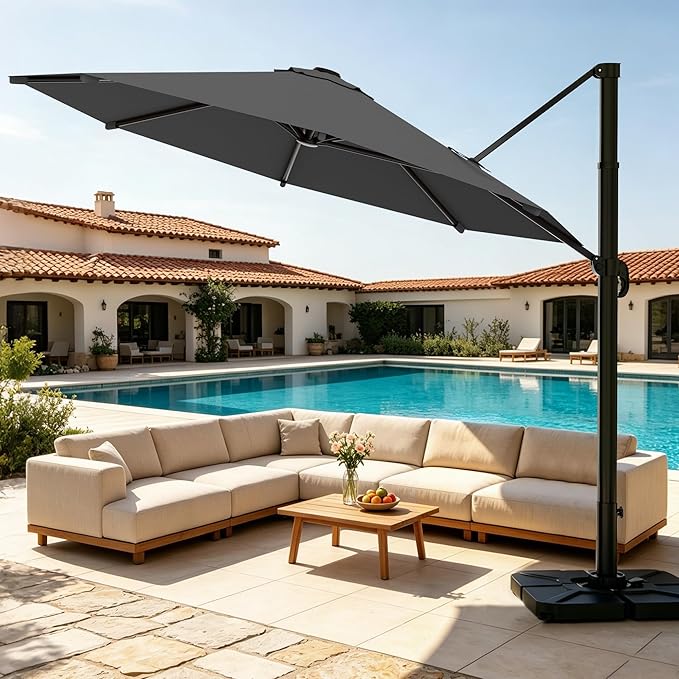 AreShark 10FT Cantilever Patio Umbrella, 360-Degree Rotation Round Hanging Offset Umbrella with Crank, Heavy Duty Patio Umbrella for Patio, Pool, Garden, Deck, Grey