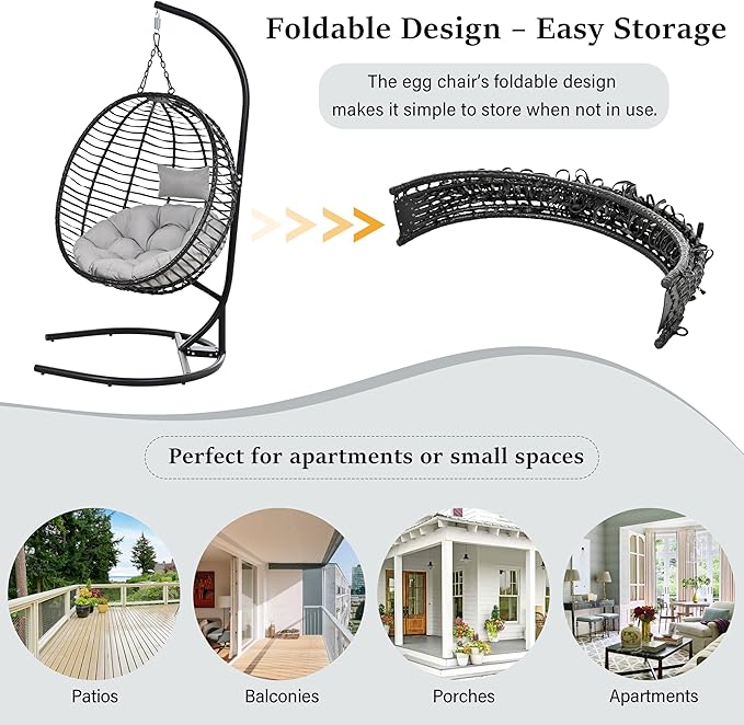 Folding Egg Chair, Outdoor Hanging Hammock Chair with Stand, Patio Wicker Hanging Chair with Iron Frame and Plush Cushion & Removable Headrest for Bedroom, Balcony, Garden (C-BlackGrey)