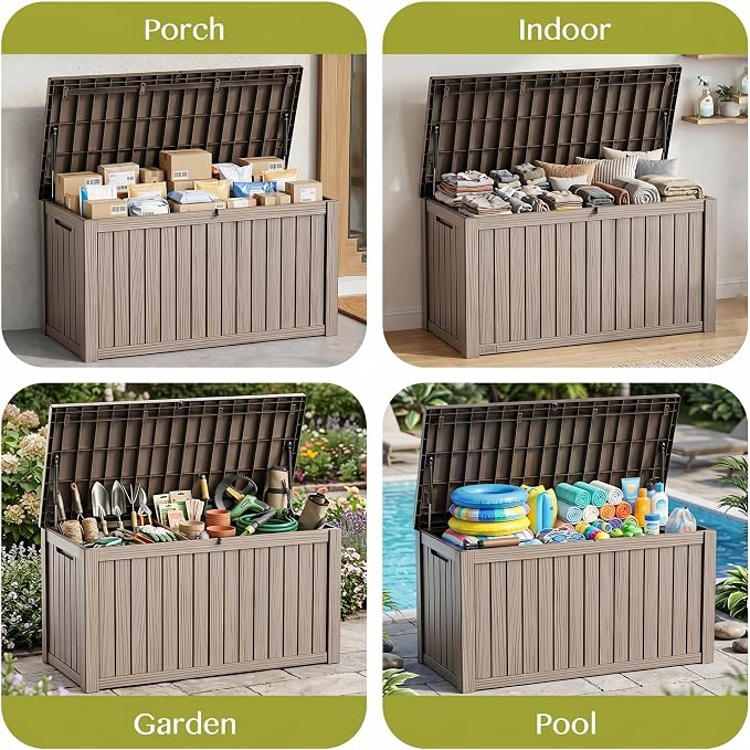 Waterproof Outdoor Storage Box Outside Deck Box Lockable Resin Bench UV Resistant Furniture Cushion Pool Tool Float Bin Patio Garden Porch (Grey, 180 Gallon)