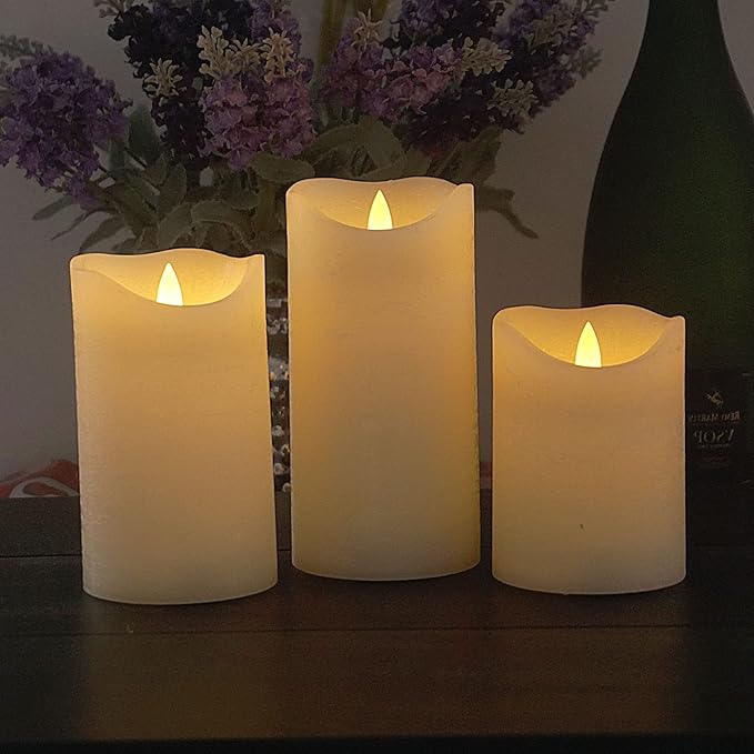 CANDLE CHOICE Real Wax Battery Operated Flameless Candles with Remote Automatic Daily Cycle Timer Realistic Flickering Electric LED Pillars Wedding Party Holiday Decorations 3 PCS Rustic Texture Ivory