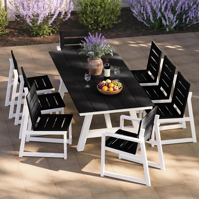 Costaelm Stinson 9-Piece Outdoor HDPE Patio Dining Table Set with Umbrella Hole & Dining Chairs for 8, Black