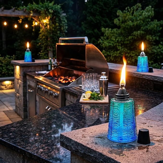 Seraphic Citronella Table Top Torches for Outdoor Patio, 16oz Decorative Glass Torch Citronella Candles for Outside Deck, Garden, Parties, Set of 3, Tropical Blue