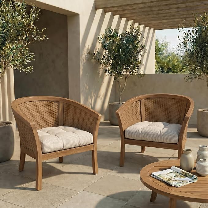 RSH DECOR: Sunbrella Tufted Wicker U-Shape Cushions Set of 2 | 22” x 22” | Outdoor Seat Cushions for Patio Furniture| Crafted with Sunbrella Performance Fabric | Made in USA (Cozy Quilt Bright White)
