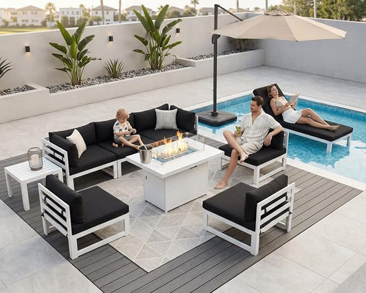 BULEXYARD 7 Seat Large Aluminum Patio Conversation Set with Lounge & Fire Pit Table, 29" Deep Wide Seat, High End Modular Sectional Seating, 500 lbs Heavy Duty Anti-Rust Outdoor Sofa for Pool, Black
