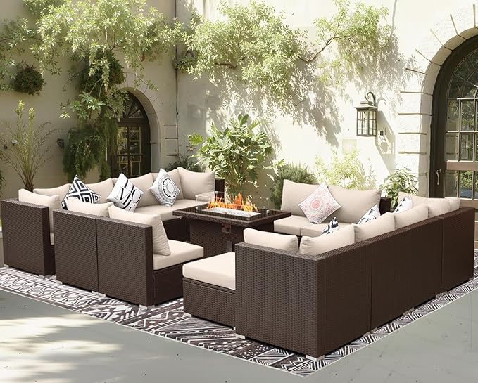 BULEXYARD 15 Piece Highback Wicker Patio Furniture Sets with Firepit, All-Weather Heavy Duty Outdoor Conversation Set Modular, Extra Deep Wide 14-Seats Sectional Couch Sofa for Backyard, Brown & Beige