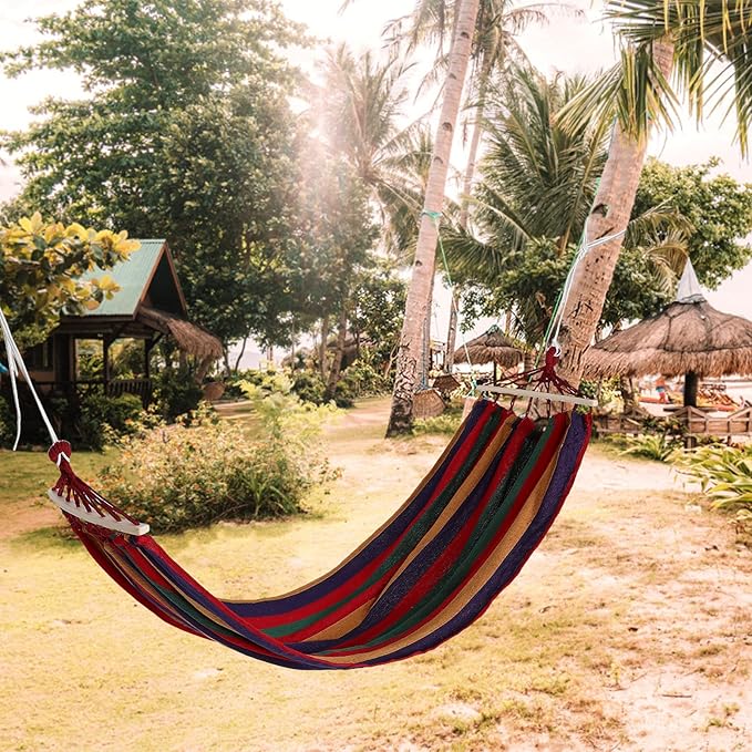 Heavy Duty Camping Hammock 200x80cm Thick Canvas Outdoor Tree Hanging Bed with Anti-tip Design Striped Pattern Single Hammock for Outdoor Rest and Travel
