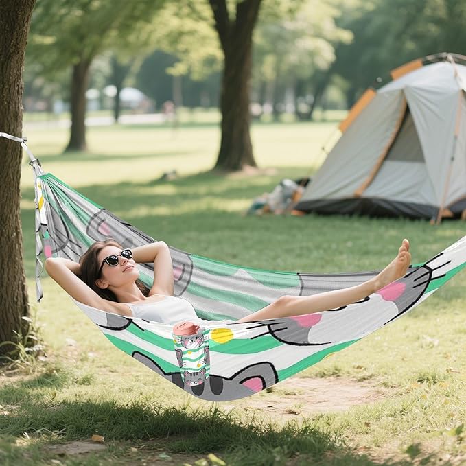 Cute Grey Cat Cartoon 330lb Capacity Camping Hammock with Hanging Rope Backyard Hammock for Indoor Outdoor Patio hamacas para adultos con soporte