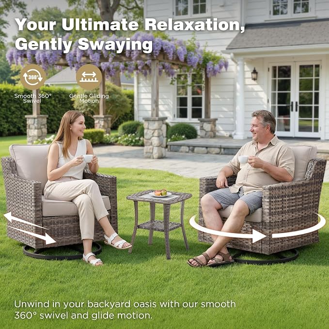 Belord Patio Wicker Swivel Rocker Patio Chairs with 3-Seater Sofa, Outdoor Rattan Chairs for Deck Porch Poolside, 10 Piece Patio Conversation Furniture Set,Beige