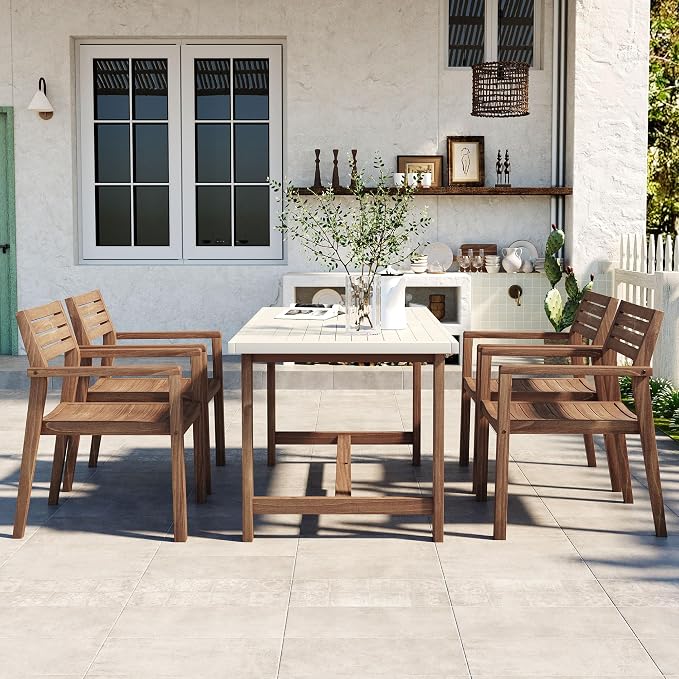 VilroCaz 5-Piece Outdoor Acacia Wood Outdoor Dining Set, All-Weather 59'' Rectangular Table with Umbrella Hole and 4 Armchair for Patio Lawn Garden Poolside (Brown-U27)