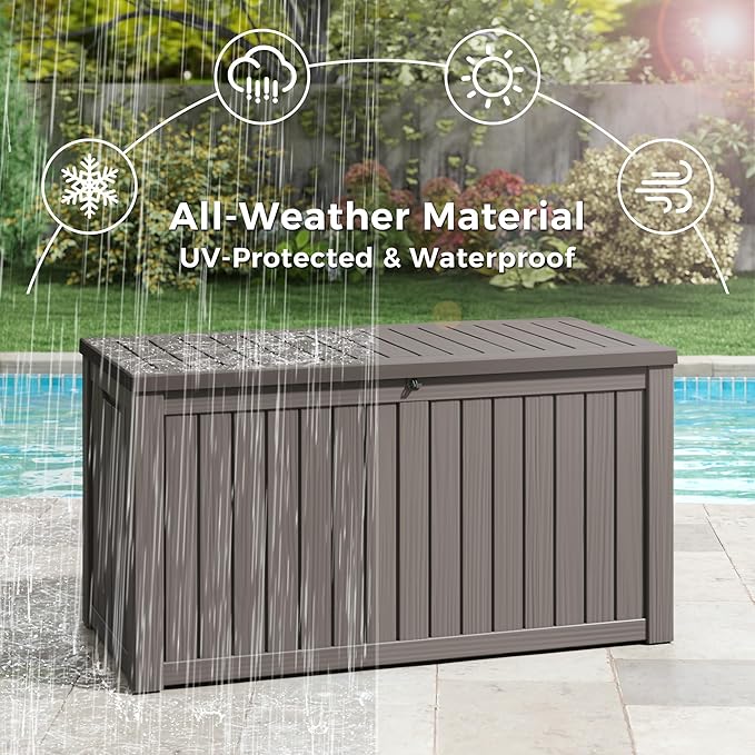 KAMABOKO Outdoor Storage Box, 180 Gallon Large Outdoor Resin Deck Box, Storage Waterproof Boxes Lockable Lid for Garden Tools, Pool Supplies, Patio Furniture and Cushions, Grey