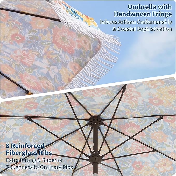 Garvee 10FT Fringe Patio Umbrella with Crank Handle, Push Button Tilt for Sun Shade,8 Fiberglass Ribs,1.5" D Premium Steel Pole, Outdoor Large Tassel Umbrella for Patio Beach Pool Backyard,10' Flower