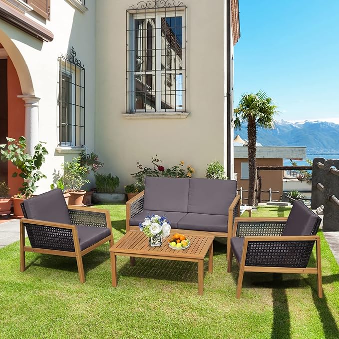 4 Pieces Outdoor Acacia Wood Furniture Sofa Set, Outdoor PE Wicker Conversation Set with Coffee Table and Soft Cushions for Garden, Poolside and Backyard (1, Grey)