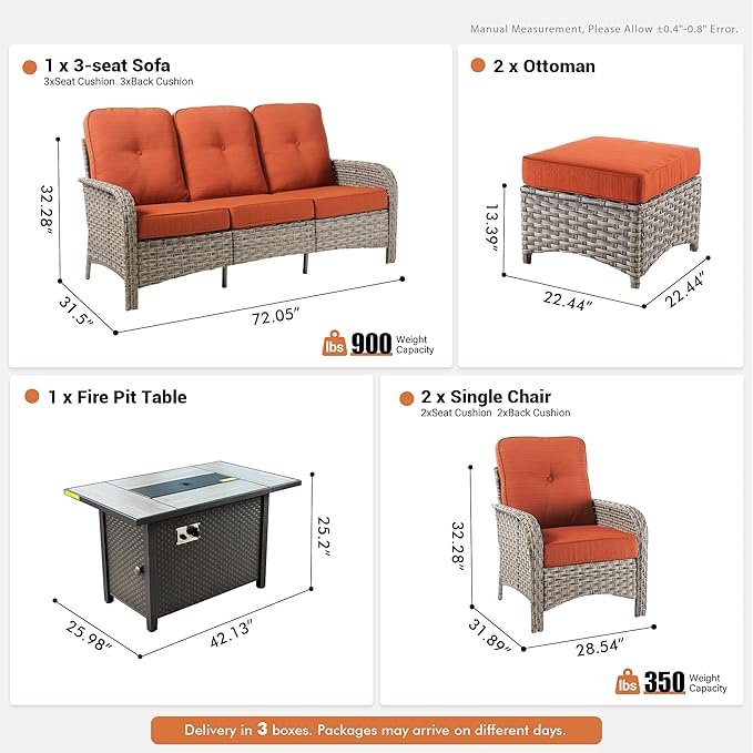6-Piece Outdoor Patio Furniture Set with Fire Pit Table,All Weather Wicker Rattan Patio Seating Sofa and Chair Set with Ottomans,Outdoor Conversation Sets with 3 Seater Couch for Porch Deck Yard,Red