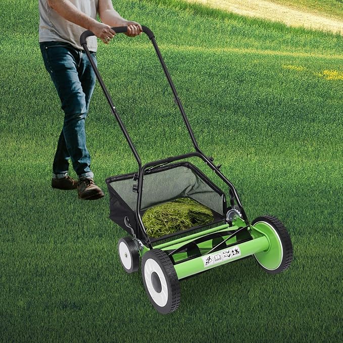 16Inch Manual Reel Lawn Mower with 5-Blades, 9-Gear Adjustable Mowing Height Quiet Operation Steel Blades Lawn Mower for Park Greening, Yards, Factory Greening