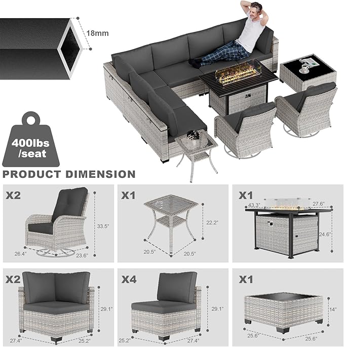 11-Piece Patio Furniture Set, Outdoor Patio Furniture with 55,000 BTU Fire Pit Table, Swivel Chairs Set, Thick Cushions, Modular Patio Sofa, Dual-Strand Wicker Rattan, Rust-Resistant Frame, Black