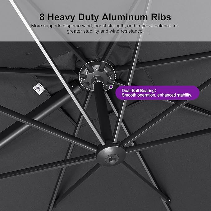 PURPLE LEAF 10' X 13' Rectangle Patio Umbrella with Base Outdoor Large Aluminum Cantilever Umbrella with 3-Year Fade Resistance Recycled Fabric and 360-degree Rotation for Deck Pool Garden, Mist Grey